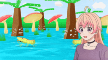 a girl in a purple shirt stands in a swamp with mushrooms and frogs