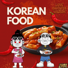 an advertisement for korean food shows a girl and a man holding plates of food
