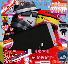a poster that says i love you is surrounded by stickers