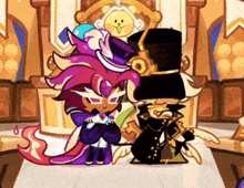 two cartoon characters standing next to each other in front of a throne