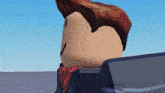 a close up of a cartoon character 's face with a blue sky behind him