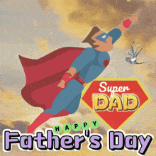 a father 's day greeting card with a superhero flying through the air
