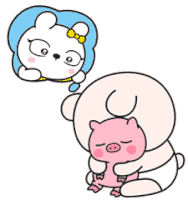 a cartoon of a bear holding a pink pig with a heart in the background