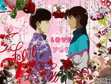 a couple of boys standing next to each other with the words " i love you " written on a pink background