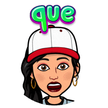 a cartoon of a woman wearing a hat with the word que above her