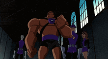 a group of cartoon characters are standing in a dark room and one of them has a lightning bolt on his shirt