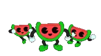 three watermelon slices with arms and legs are dancing together on a white background