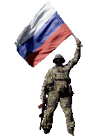 a soldier is holding a russian flag in his right hand