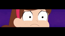 a close up of a cartoon character 's face with a sad look on her face