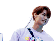 a young man is holding a megaphone and smiling with a sticker that says meiochoi
