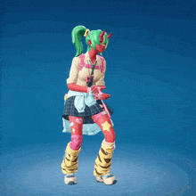 a girl with green hair and red skin is standing in front of a blue backdrop