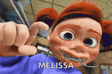 a cartoon character with braces on her teeth and the name melissa on the bottom