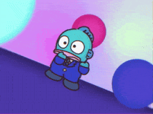 a cartoon character in a blue suit is standing next to a pink ball