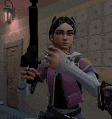 a cartoon girl is holding a sword in her hand .