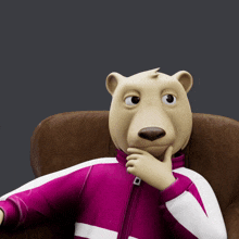 a cartoon bear is sitting in a chair with a hand on his chin