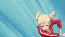a girl with blonde hair and pigtails is wearing a red jacket that says ' 狼 ' on it