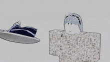 a cartoon drawing of a person with a crown on their head standing next to a gray block .