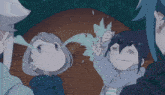 a group of anime characters are standing in front of a tent and one of them is blowing water out of her mouth