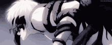 a black and white anime character with a snake wrapped around his body .