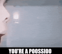a close up of a person 's face with the words `` you 're a poossioo '' written below it .