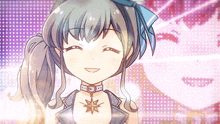 a girl with a star on her chest is smiling in front of a pink background