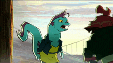 a cartoon character with a very long tail is standing next to a man
