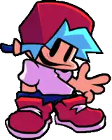 a cartoon character with a red hat and blue hair is smiling and pointing .