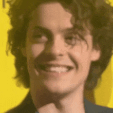 a close up of a young man 's face with curly hair smiling .