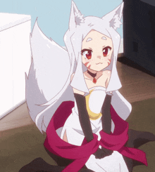a girl with white hair and red eyes is sitting on the floor