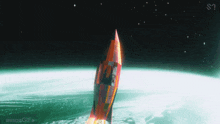 a colorful rocket is flying over the earth with the words aespagifs in the bottom right corner
