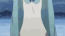 a woman in a white dress with a blue collar