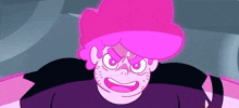 a close up of a cartoon character with pink hair