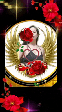 a picture of a woman surrounded by red roses with the name el written on the bottom