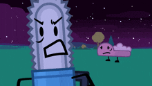 a cartoon drawing of a chainsaw with an angry face and a pink object with a sad face