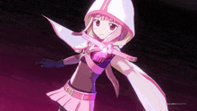 a girl with a white cape and a pink skirt is holding a sword in her hand