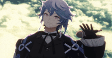 a boy with blue hair is holding a microphone in his right hand