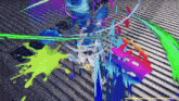 a computer generated image of a person in a video game with a rainbow of colors