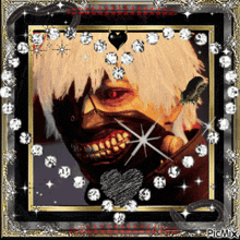 a picture of a man with a mask on his face is surrounded by diamonds and hearts