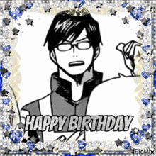 a black and white drawing of a boy with glasses and the words happy birthday