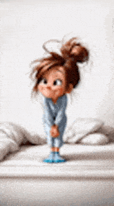 a cartoon girl is standing on a bed wearing blue pajamas and socks .