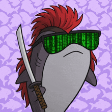 a shark with a mohawk holding a sword and wearing sunglasses that say " y "