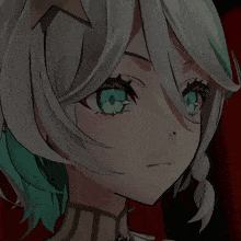 a close up of a girl 's face with white hair and blue eyes