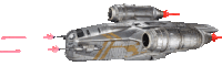 a silver space ship with red arrows pointing to the front