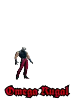 a pixel art of a man kicking with the words omega rugal below