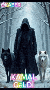 a man in a black coat is walking with two wolves and the words kamal goldi on the bottom