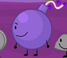 a purple bomb with a smile on its face is surrounded by other objects