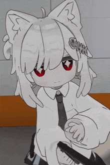 a drawing of a girl with white hair and red eyes holding a black gun