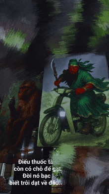 a painting of a man riding a motorcycle with a monkey sitting next to him