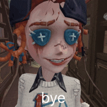 a close up of a cartoon character with the word bye in the corner
