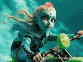 a monster high doll is riding a green scooter